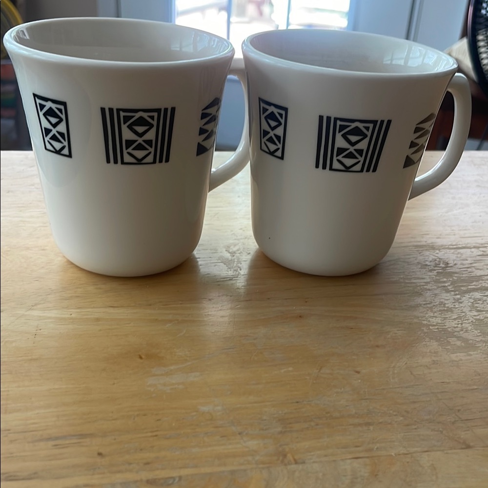 Corningware mugs white and Black Tribal print  Dining Set